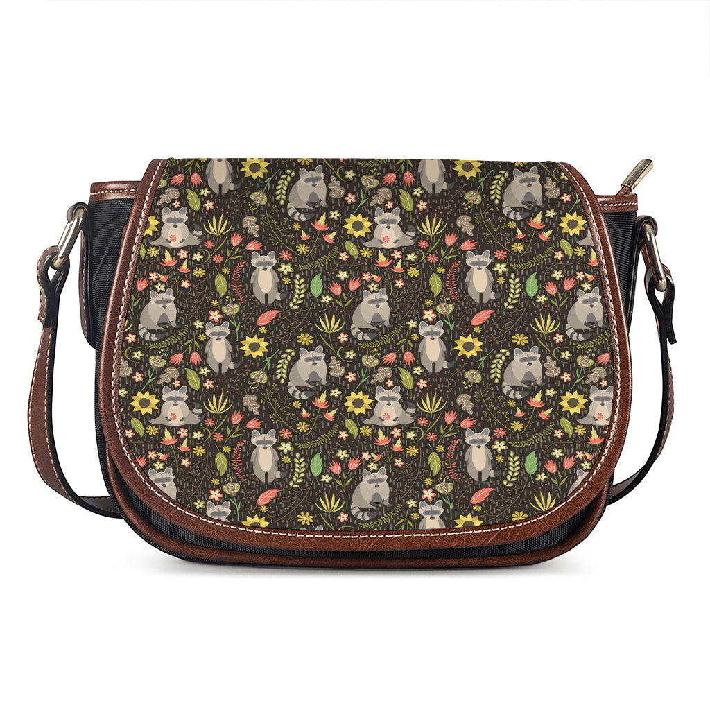 Raccoon And Floral Pattern Print Saddle Bag