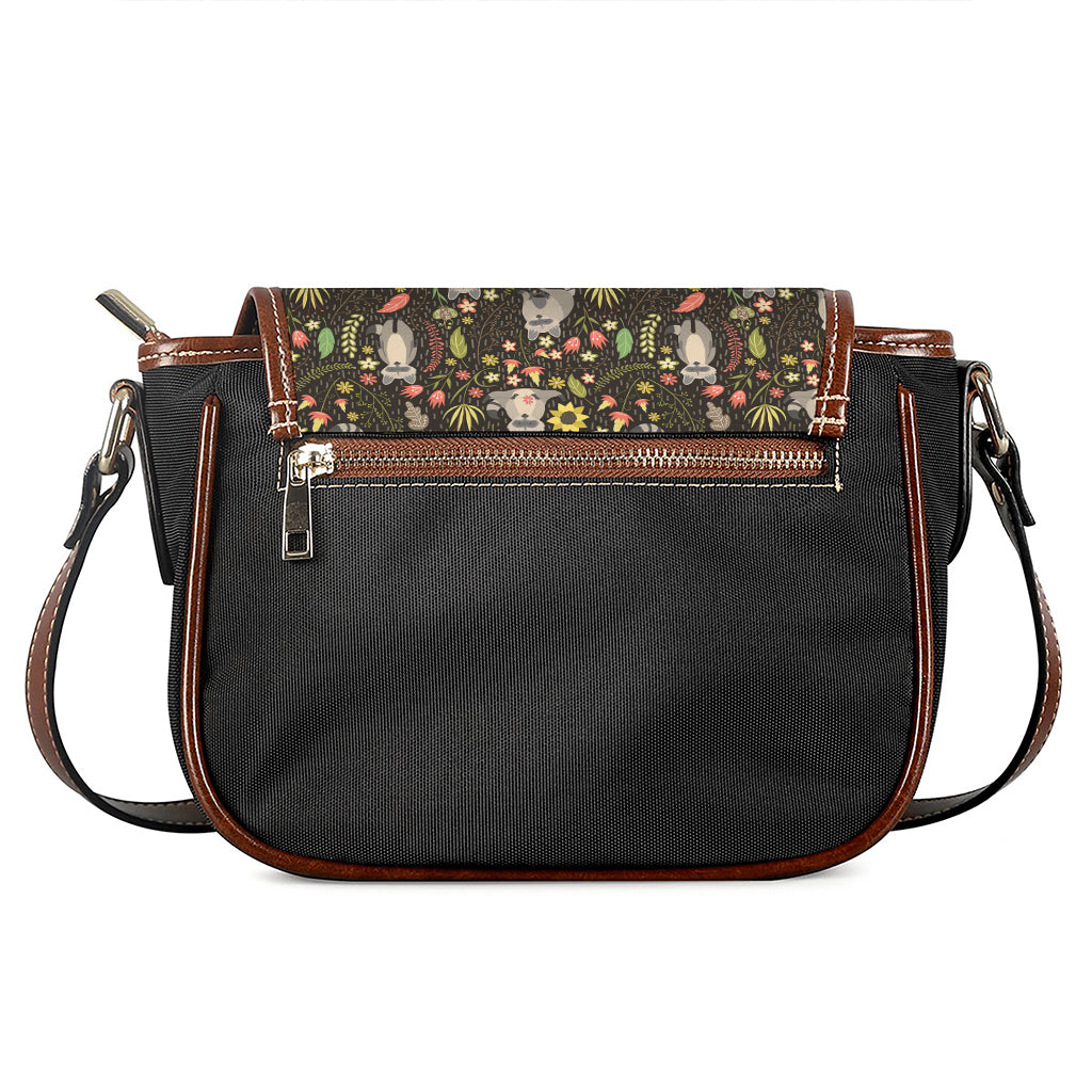 Raccoon And Floral Pattern Print Saddle Bag