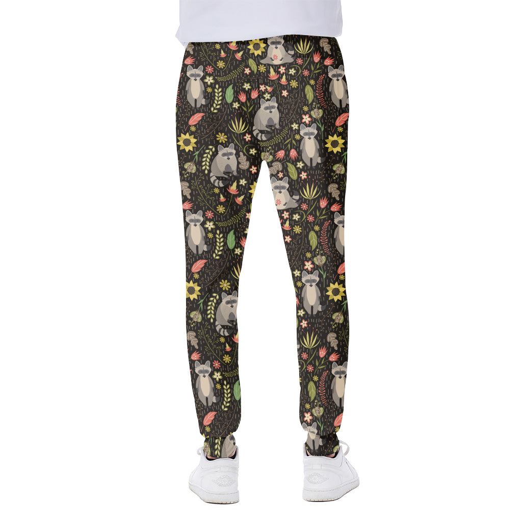 Raccoon And Floral Pattern Print Scuba Joggers