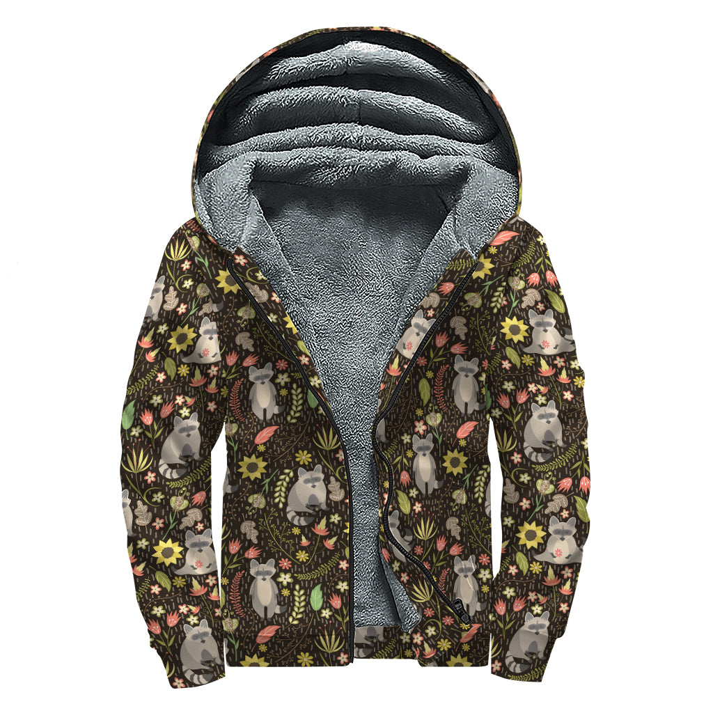 Raccoon And Floral Pattern Print Sherpa Lined Zip Up Hoodie