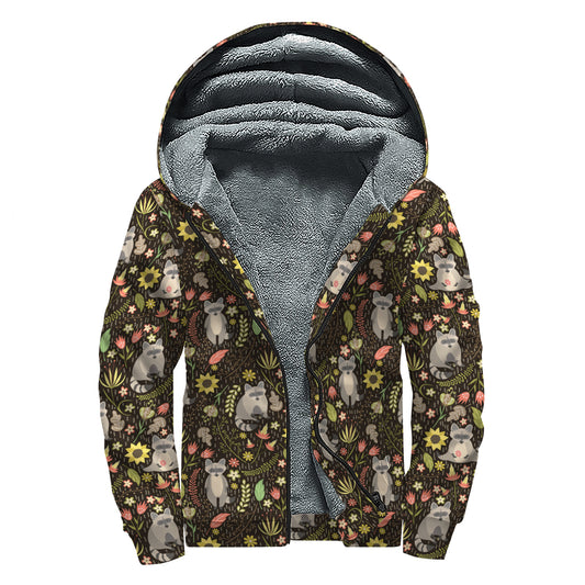 Raccoon And Floral Pattern Print Sherpa Lined Zip Up Hoodie