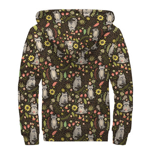 Raccoon And Floral Pattern Print Sherpa Lined Zip Up Hoodie