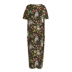 Raccoon And Floral Pattern Print Short Sleeve Long Nightdress