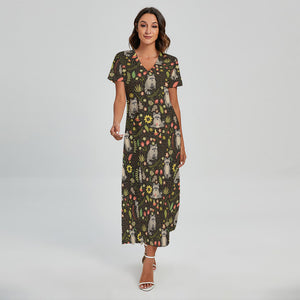 Raccoon And Floral Pattern Print Short Sleeve Maxi Dress