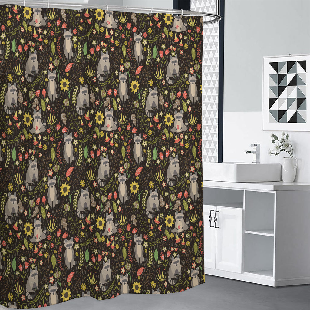 Raccoon And Floral Pattern Print Shower Curtain