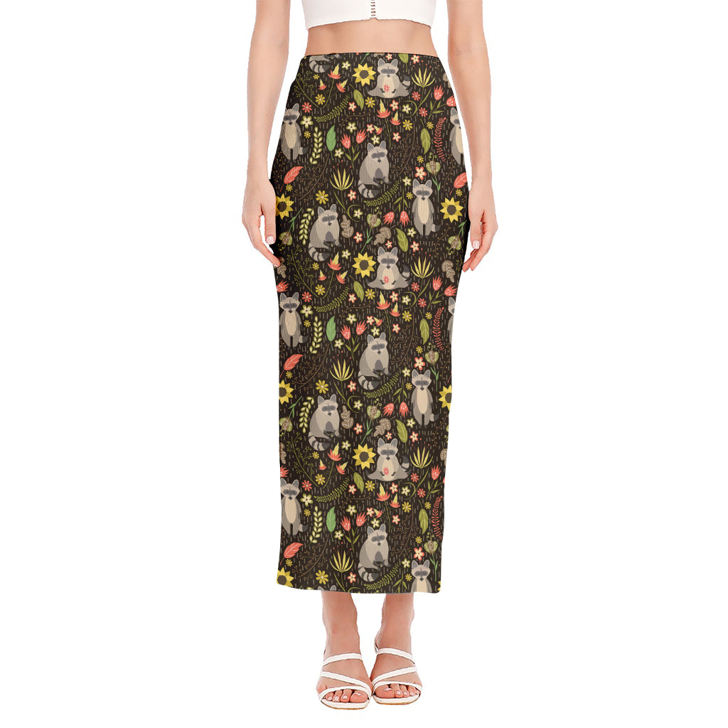 Raccoon And Floral Pattern Print Side Slit Maxi Skirt