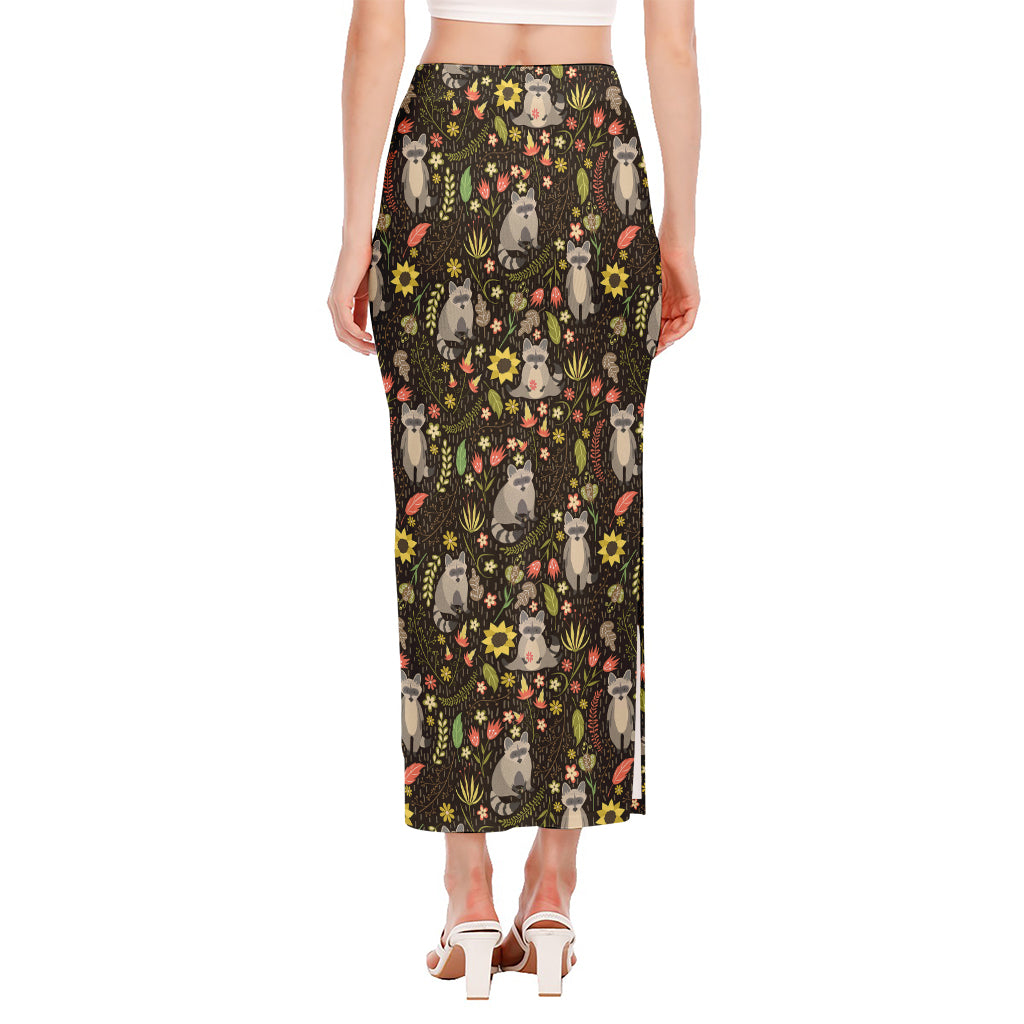 Raccoon And Floral Pattern Print Side Slit Maxi Skirt