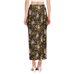 Raccoon And Floral Pattern Print Side Slit Maxi Skirt