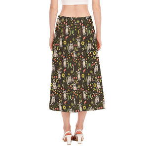 Raccoon And Floral Pattern Print Side Slit Midi Skirt