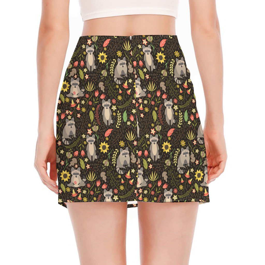 Raccoon And Floral Pattern Print Side Slit Mini Skirt