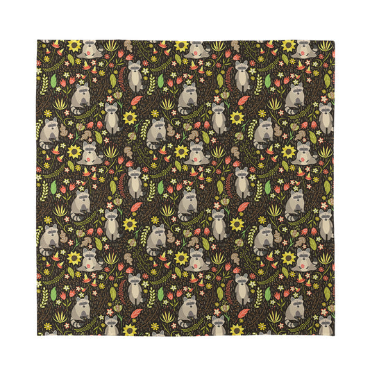 Raccoon And Floral Pattern Print Silk Bandana