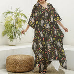 Raccoon And Floral Pattern Print Silk V-Neck Kaftan Dress