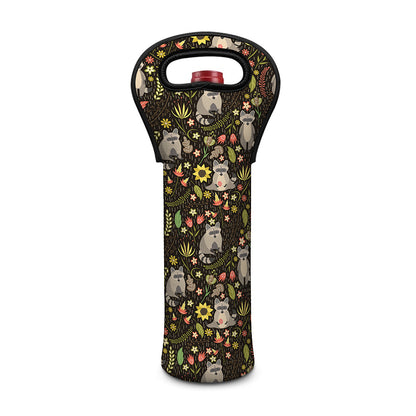 Raccoon And Floral Pattern Print Single Neoprene Wine Tote
