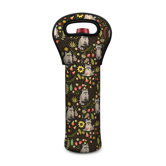 Raccoon And Floral Pattern Print Single Neoprene Wine Tote