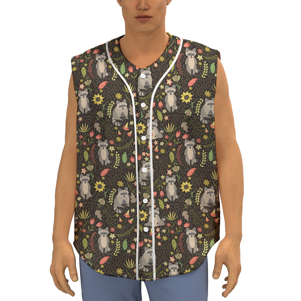 Raccoon And Floral Pattern Print Sleeveless Baseball Jersey