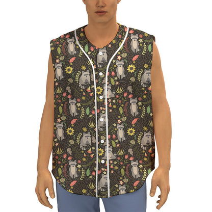 Raccoon And Floral Pattern Print Sleeveless Baseball Jersey