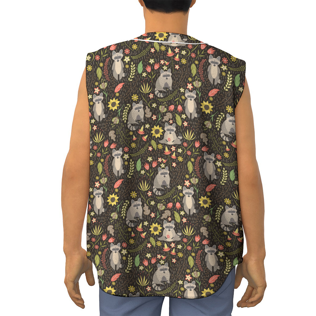 Raccoon And Floral Pattern Print Sleeveless Baseball Jersey