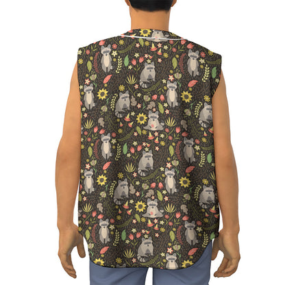 Raccoon And Floral Pattern Print Sleeveless Baseball Jersey