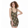 Raccoon And Floral Pattern Print Sleeveless Bodycon Dress