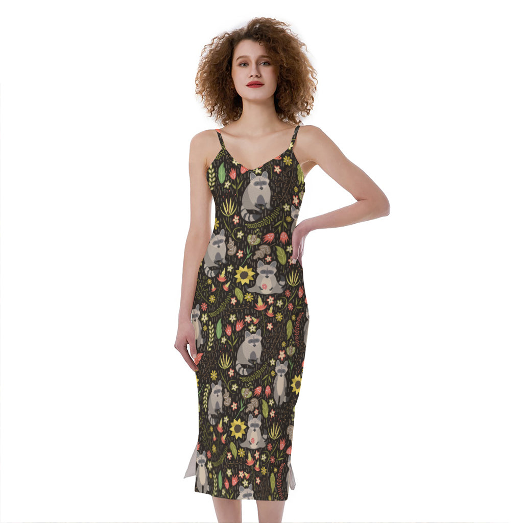 Raccoon And Floral Pattern Print Slim Fit Midi Cami Dress