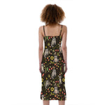 Raccoon And Floral Pattern Print Slim Fit Midi Cami Dress