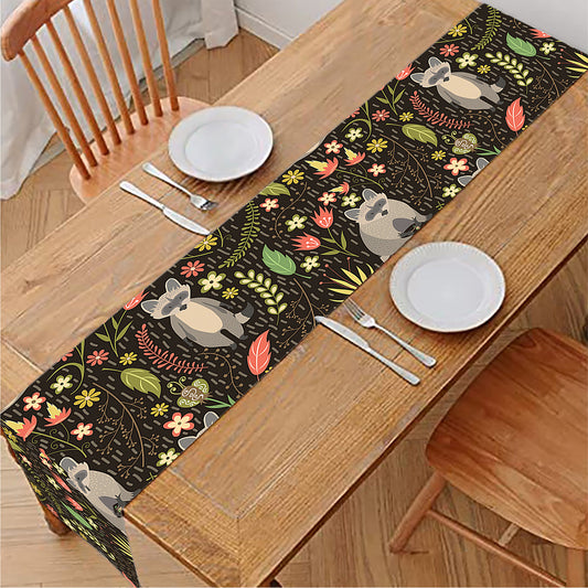 Raccoon And Floral Pattern Print Table Runner