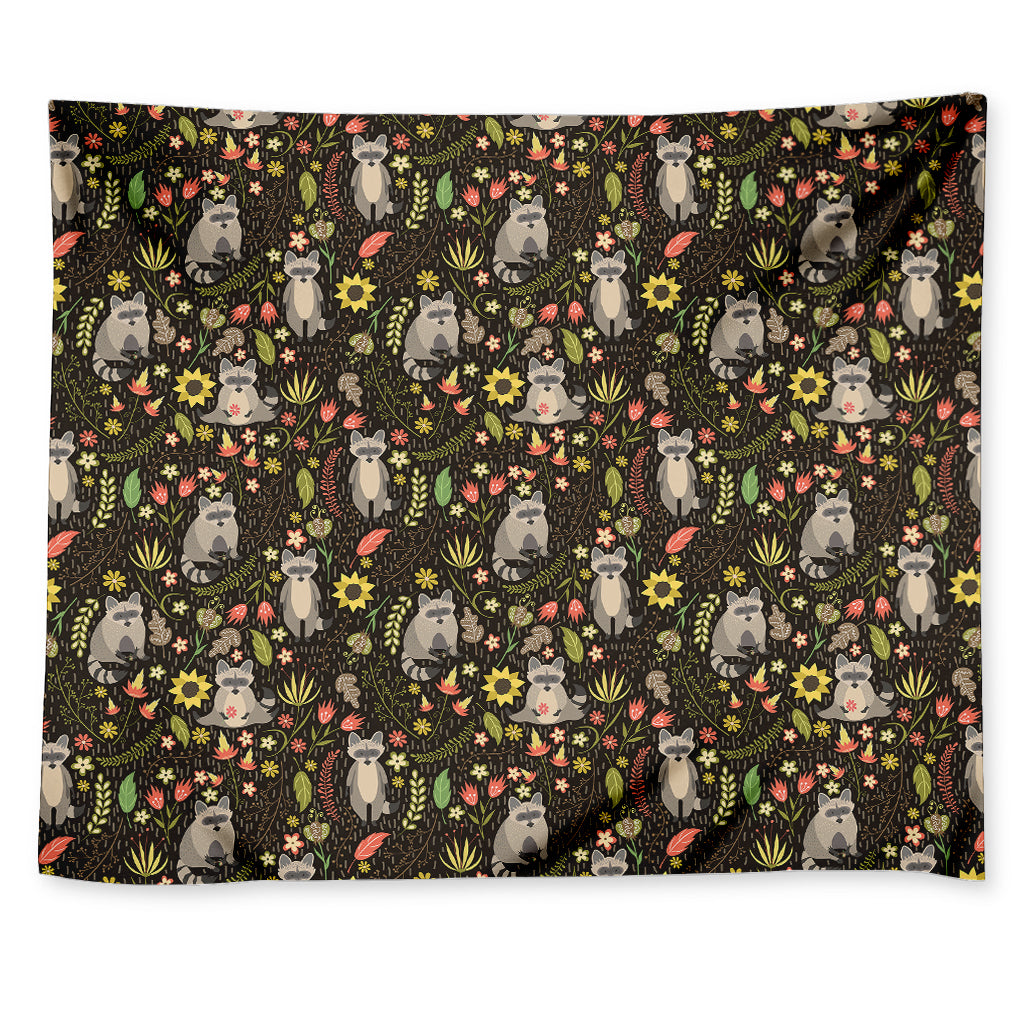 Raccoon And Floral Pattern Print Tapestry