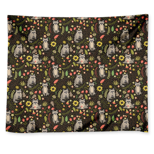Raccoon And Floral Pattern Print Tapestry