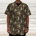 Raccoon And Floral Pattern Print Textured Short Sleeve Shirt