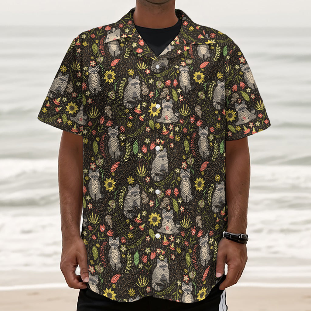 Raccoon And Floral Pattern Print Textured Short Sleeve Shirt