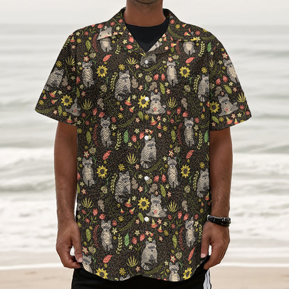 Raccoon And Floral Pattern Print Textured Short Sleeve Shirt