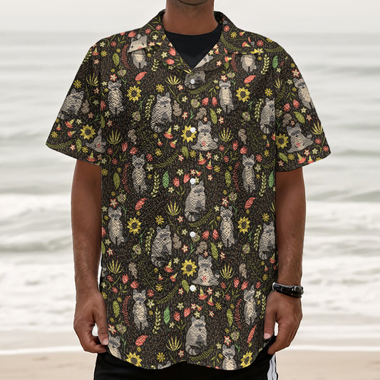 Raccoon And Floral Pattern Print Textured Short Sleeve Shirt