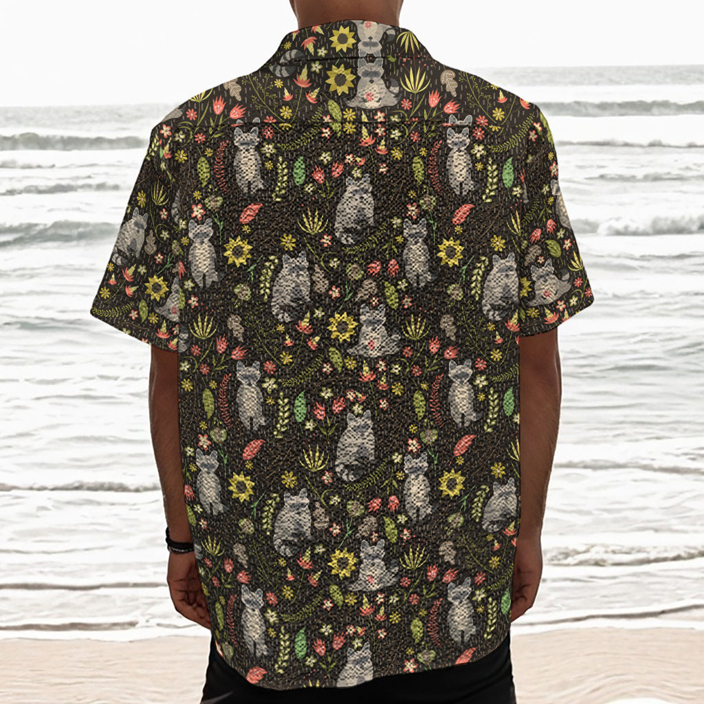 Raccoon And Floral Pattern Print Textured Short Sleeve Shirt