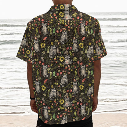 Raccoon And Floral Pattern Print Textured Short Sleeve Shirt