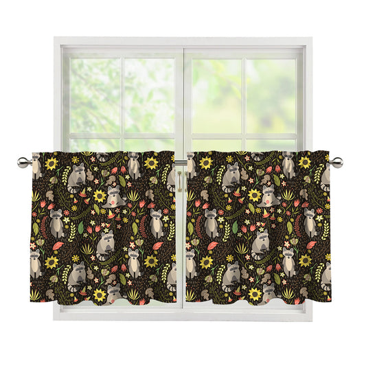 Raccoon And Floral Pattern Print Tier Curtains