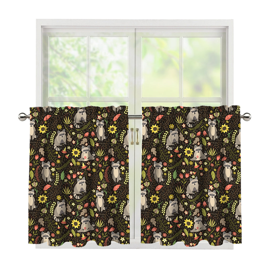 Raccoon And Floral Pattern Print Tier Curtains