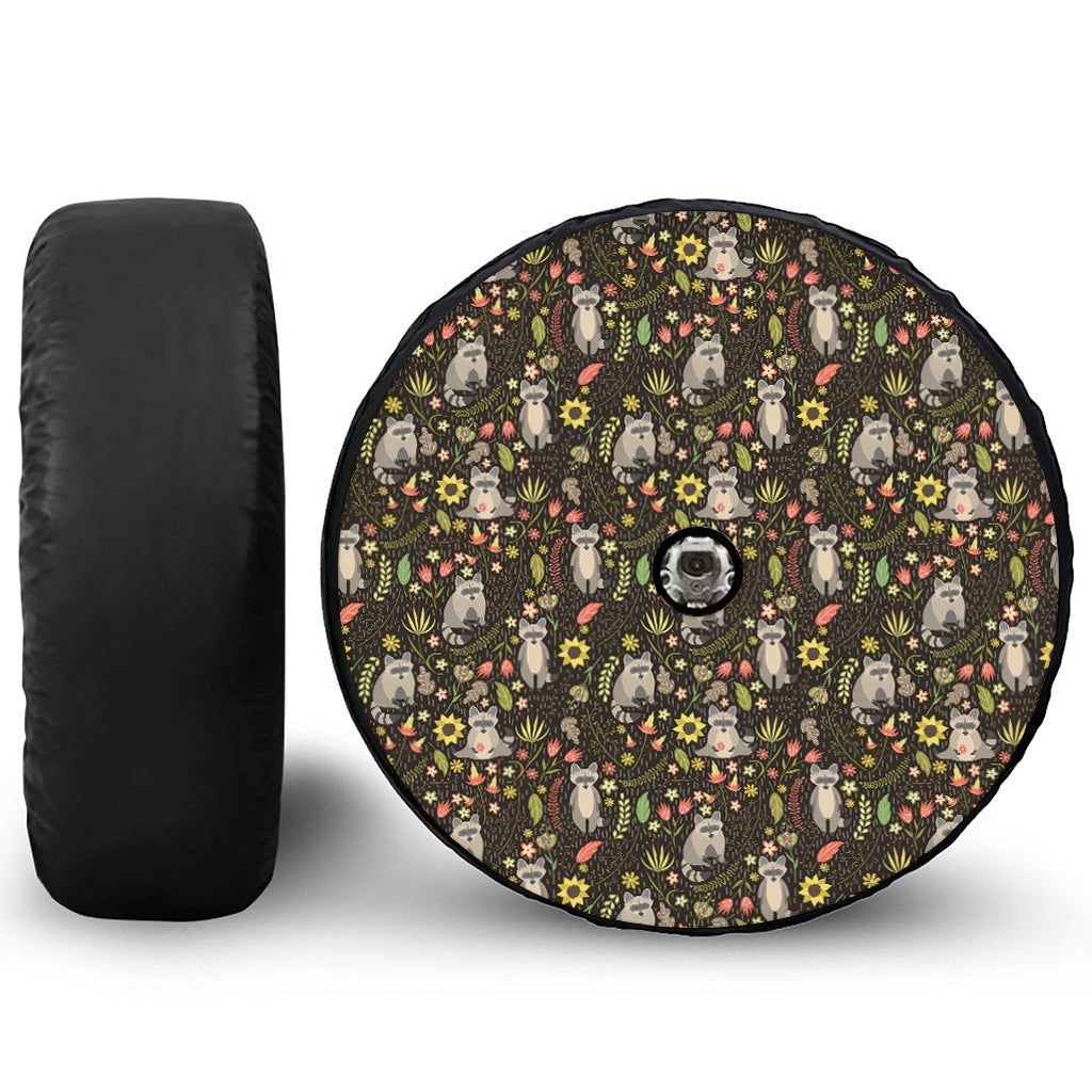 Raccoon And Floral Pattern Print Tire Cover With Camera Hole