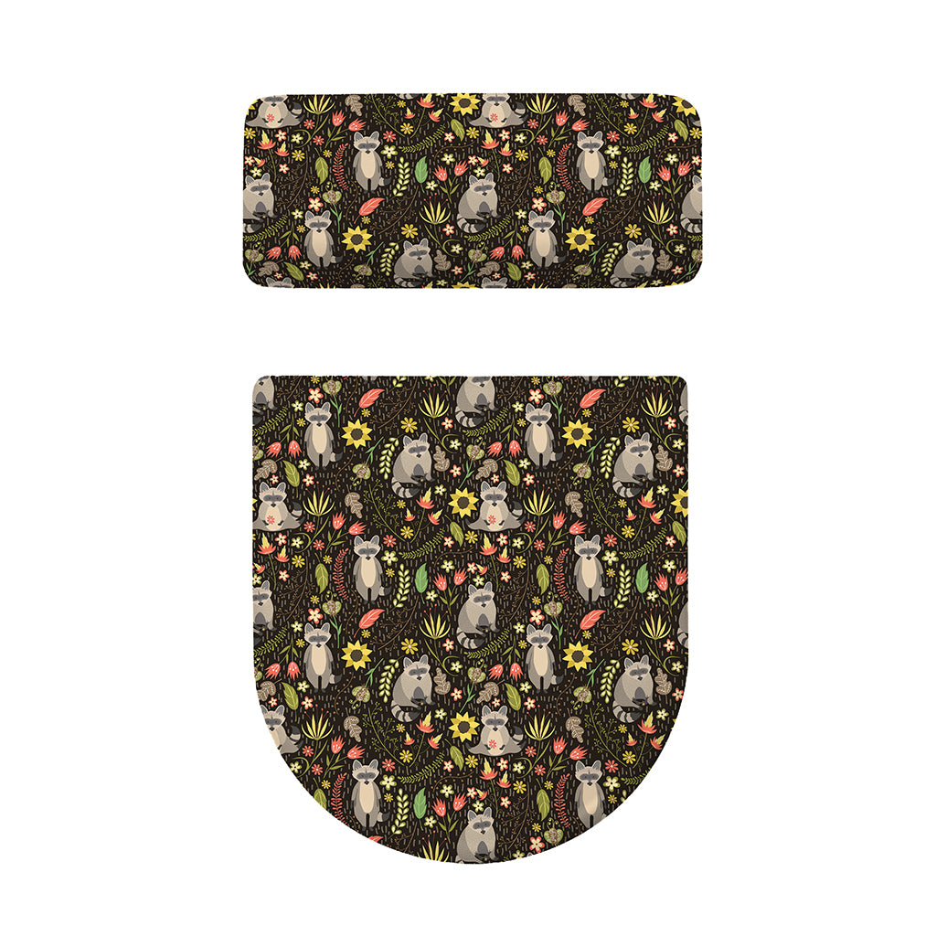 Raccoon And Floral Pattern Print Toilet Lid And Tank Cover Set