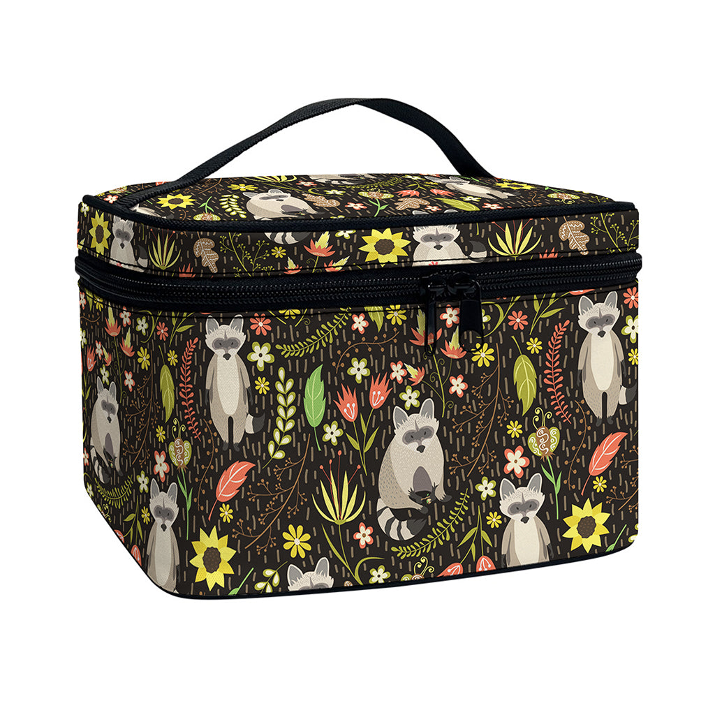 Raccoon And Floral Pattern Print Travel Makeup Bag
