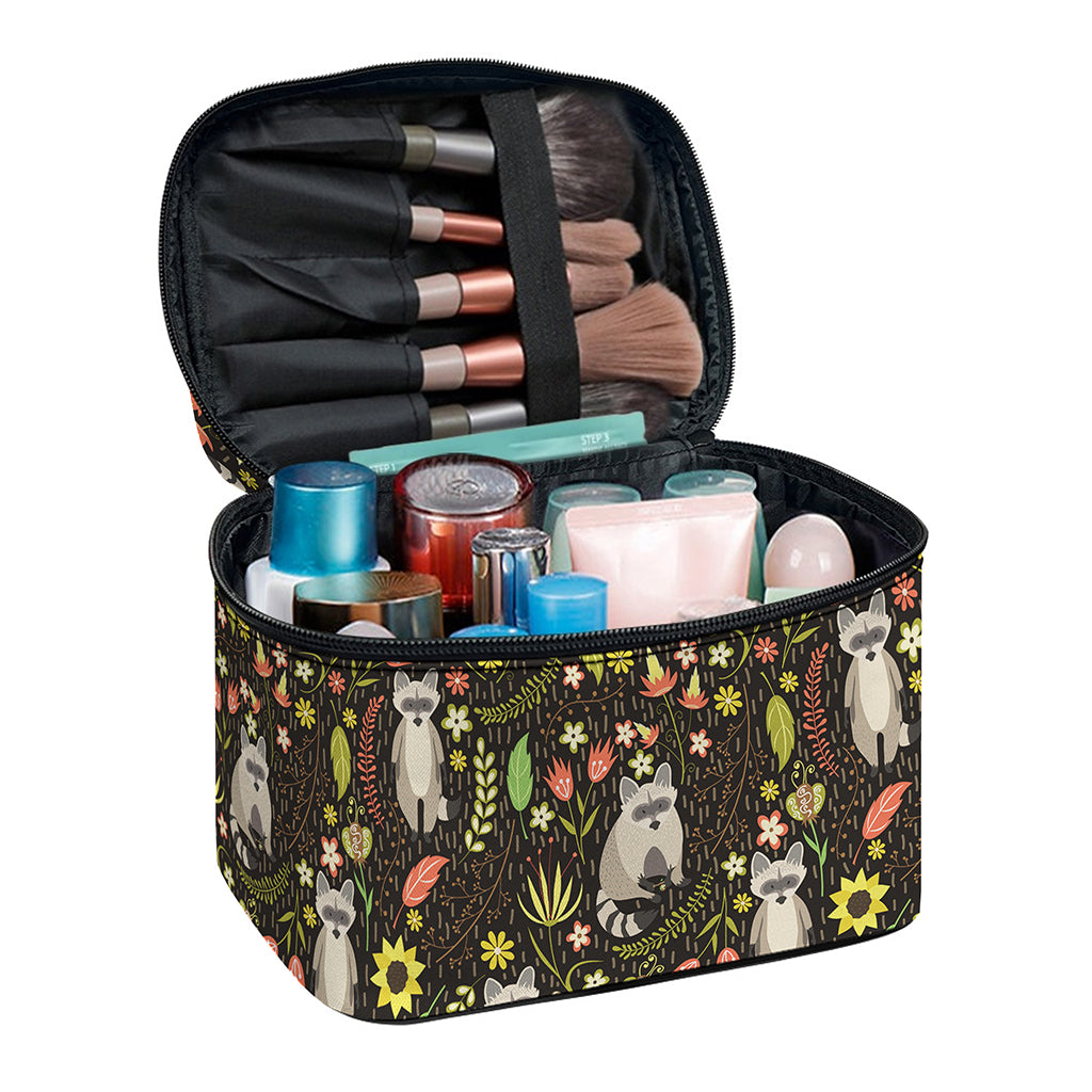 Raccoon And Floral Pattern Print Travel Makeup Bag