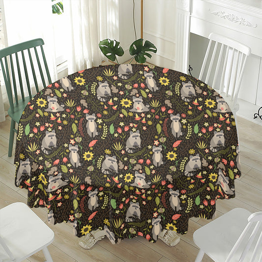 Raccoon And Floral Pattern Print Waterproof Round Tablecloth