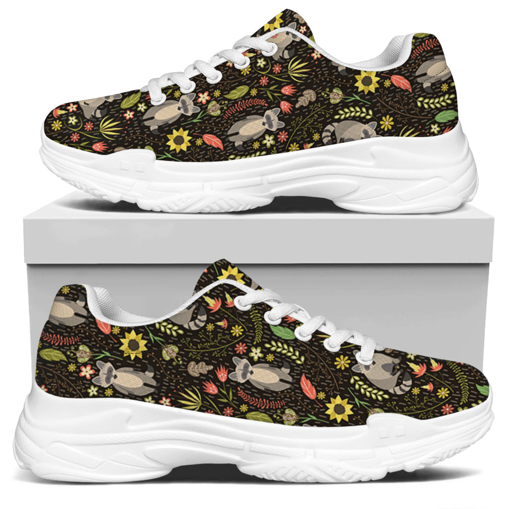 Raccoon And Floral Pattern Print White Chunky Shoes