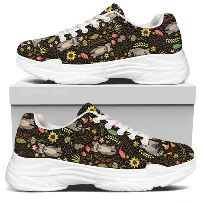 Raccoon And Floral Pattern Print White Chunky Shoes