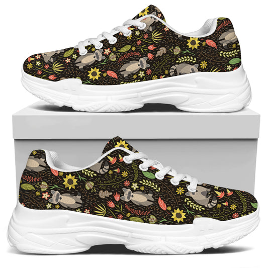 Raccoon And Floral Pattern Print White Chunky Shoes