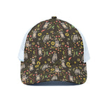 Raccoon And Floral Pattern Print White Mesh Trucker Cap