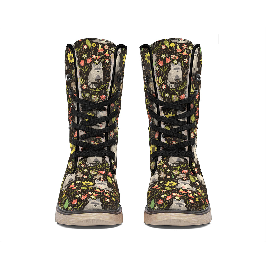 Raccoon And Floral Pattern Print Winter Boots