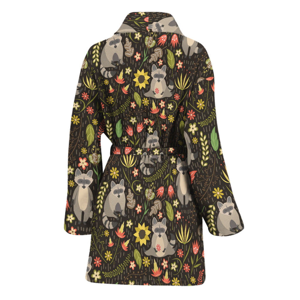 Raccoon And Floral Pattern Print Women's Bathrobe