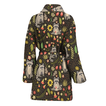 Raccoon And Floral Pattern Print Women's Bathrobe