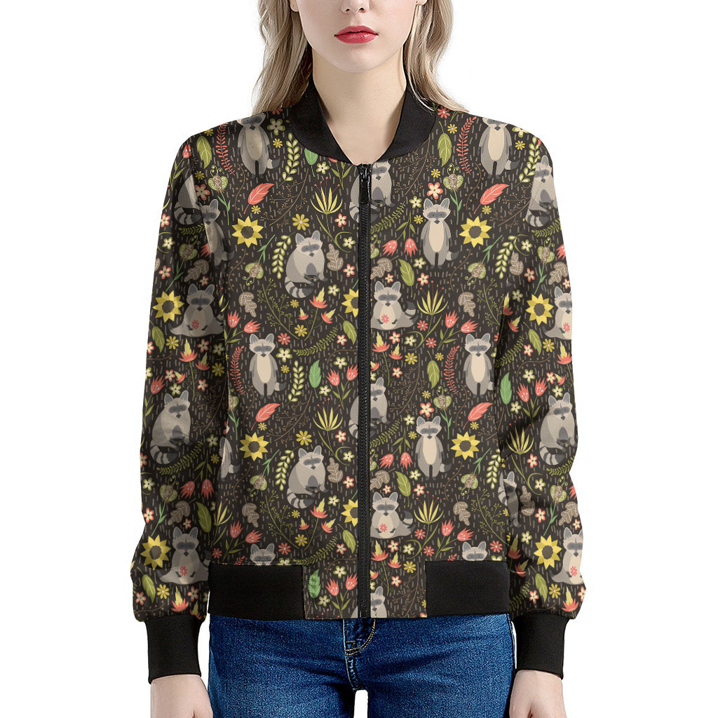 Raccoon And Floral Pattern Print Women's Bomber Jacket