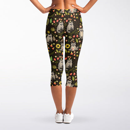 Raccoon And Floral Pattern Print Women's Capri Leggings